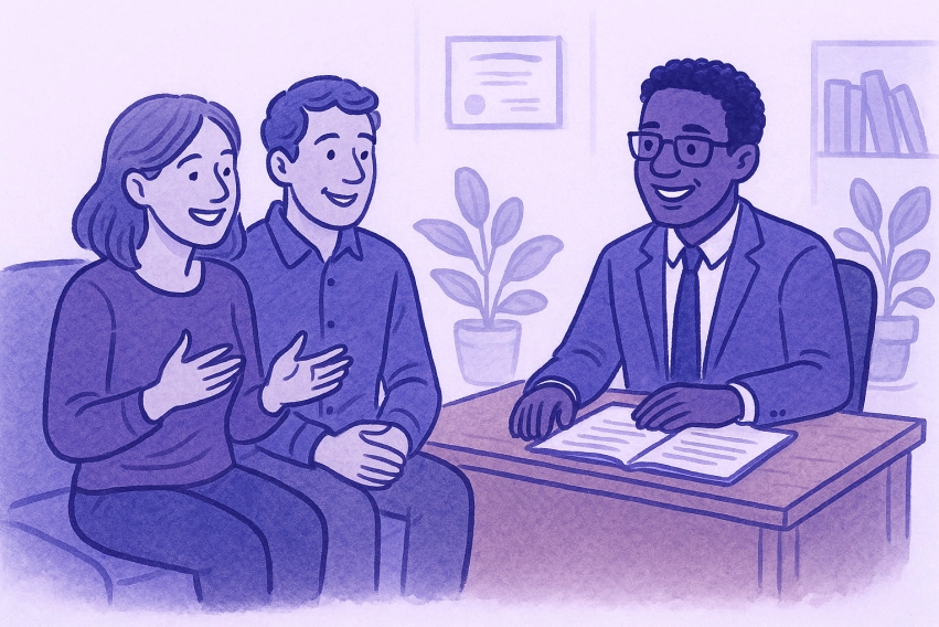 Clients sharing testimonials with attorney in welcoming office